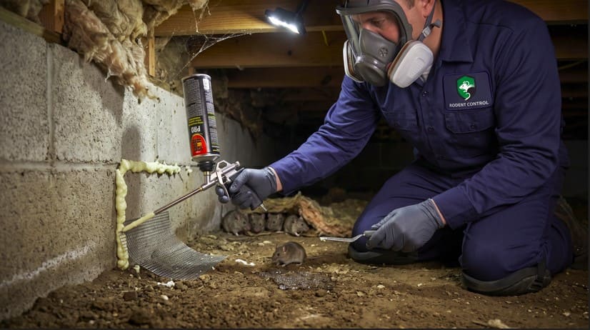 Professional rodent technician places traps and bait stations in a basement to control Norway rats while wearing full protective gear.