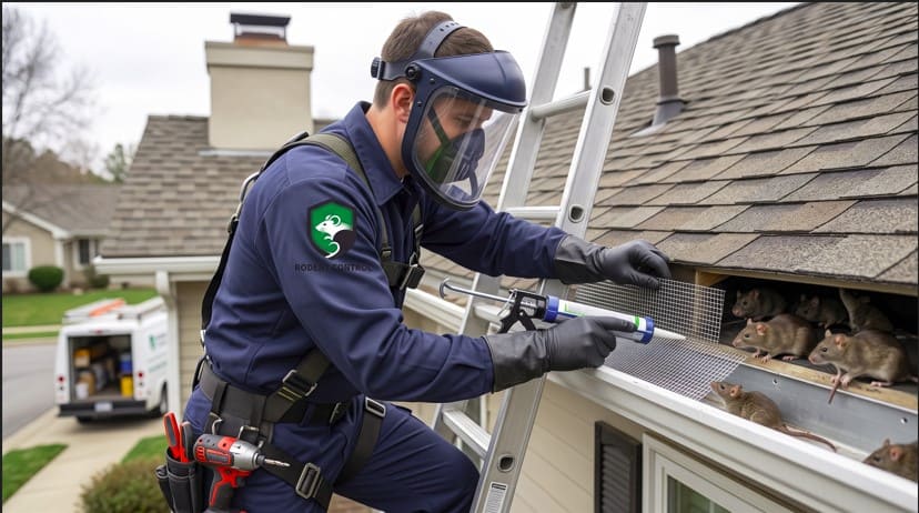 Professional rodent technician seals roof entry points to control roof rats while working safely from a ladder in full protective gear.